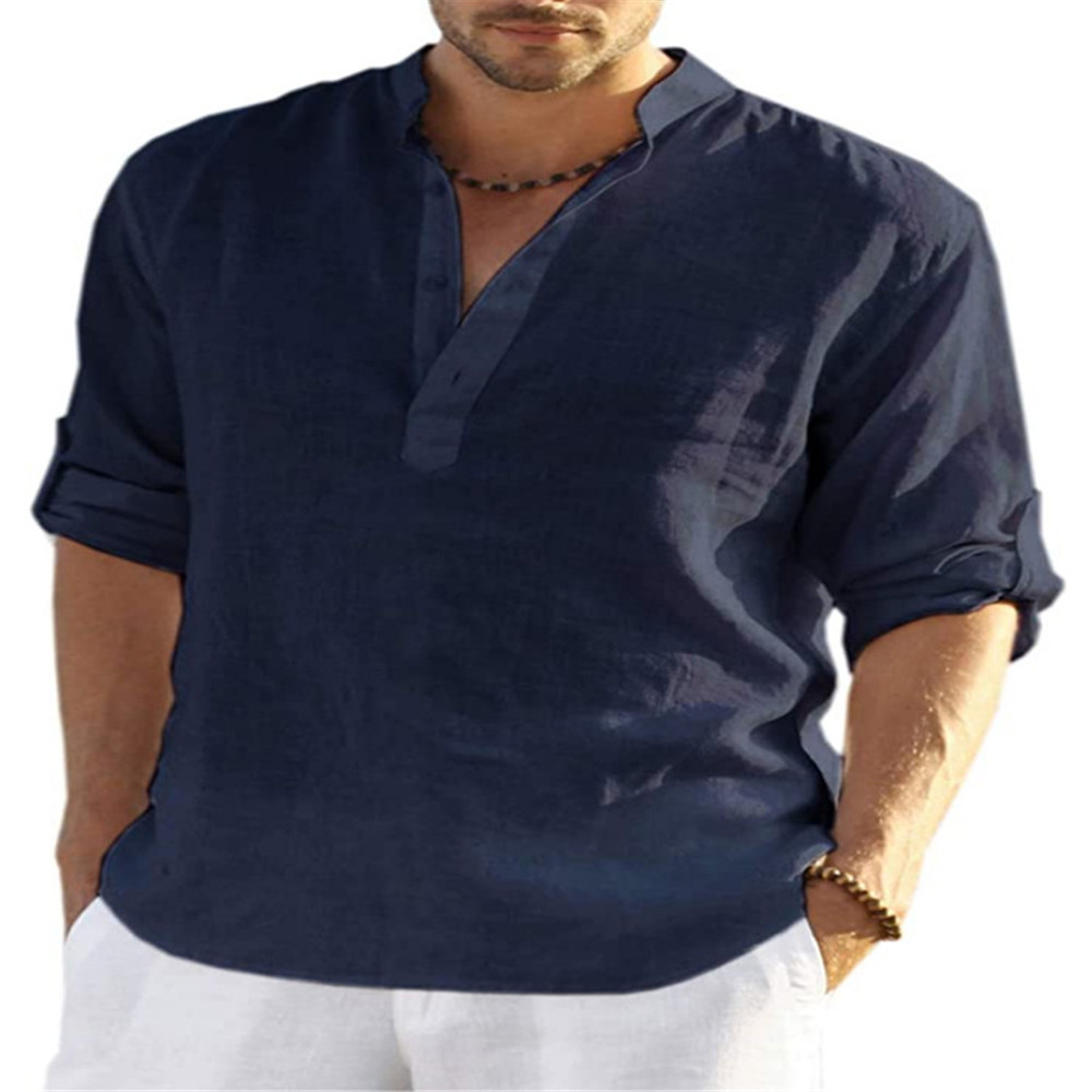 2023 Independent Station foreign trade men's casual cotton and linen solid color long-sleeved shirts loose stand-up collar shirts for men in stock - Image 11