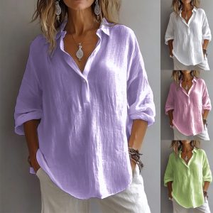 2025 Spring/Summer European and American Style Solid Color Casual Loose Long Sleeve Linen V-Neck Shirt for Women (Amazon Style)