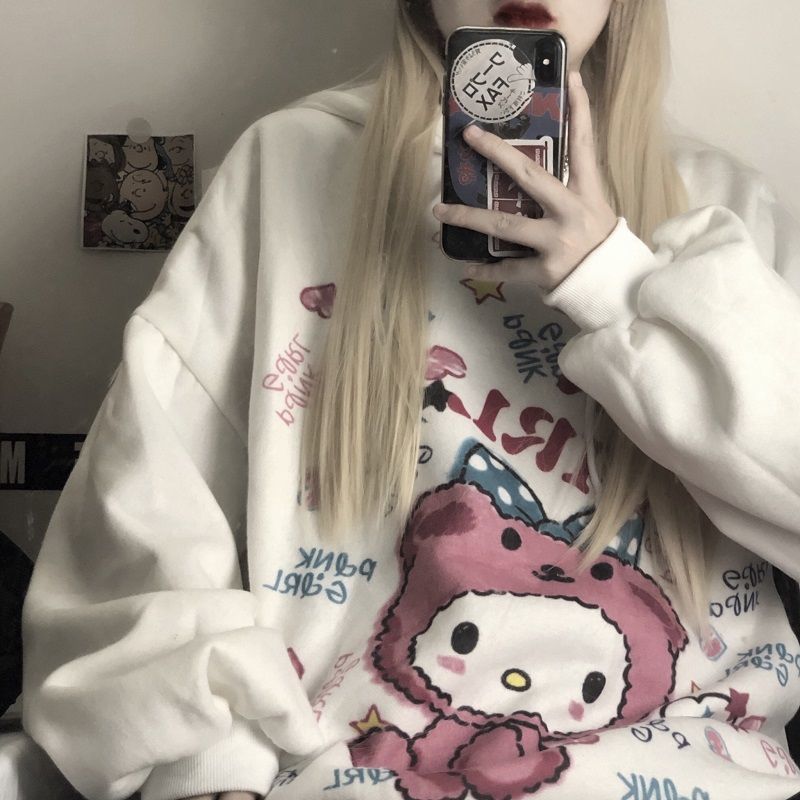 2021 Autumn and Winter Trend ins Harajuku Pink Girl Cartoon Anime Print Loose Plush Hooded Sweatshirt Women - Image 7