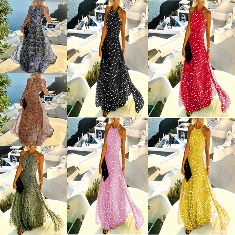 2021 European and American foreign trade new style round neck sleeveless printed pleated dress women's dress long skirt - Image 9