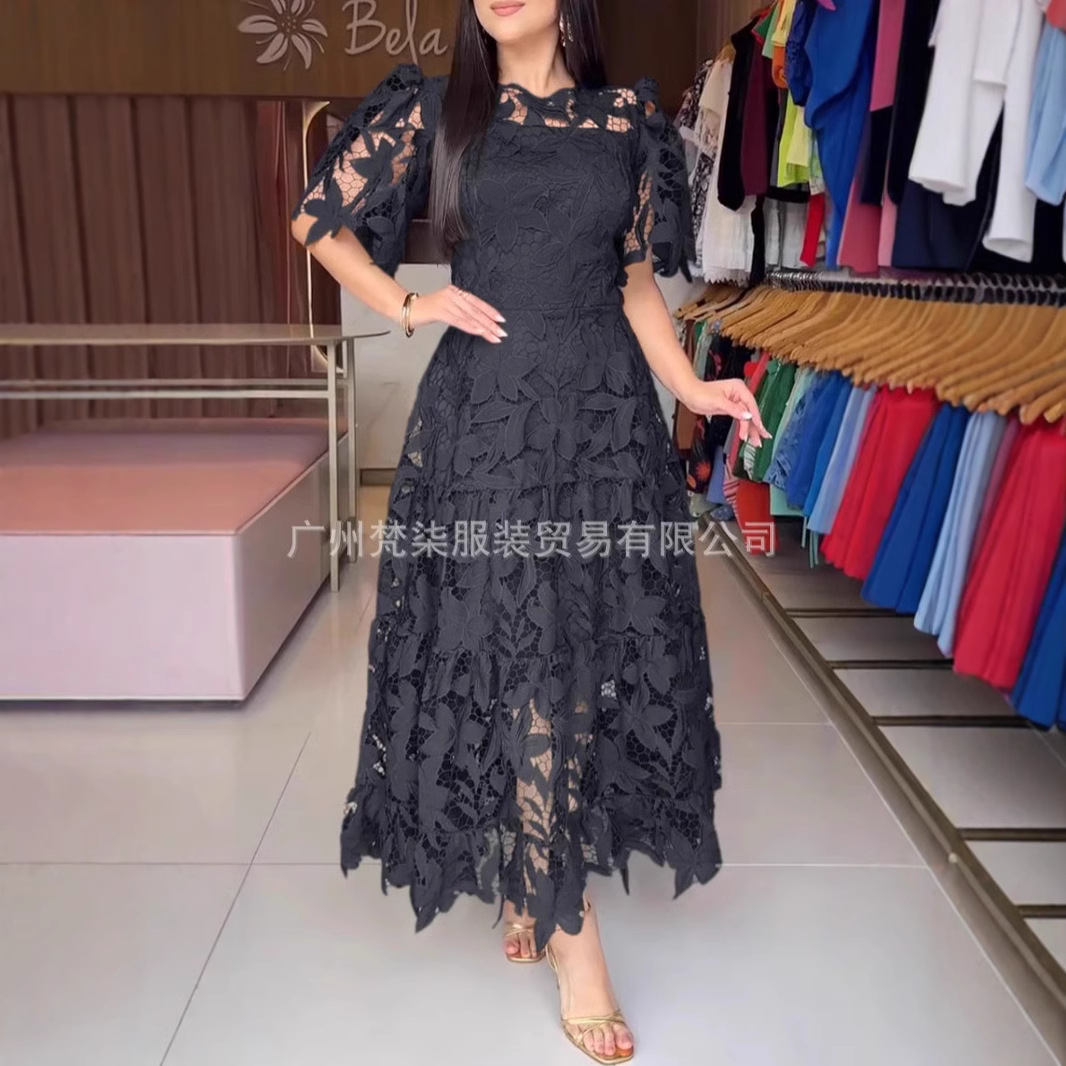 European and American cross-border e-commerce, 2025 summer Amazon independent store, elegant and fashionable heavy-duty hollowed-out lace solid color dress. - Image 4
