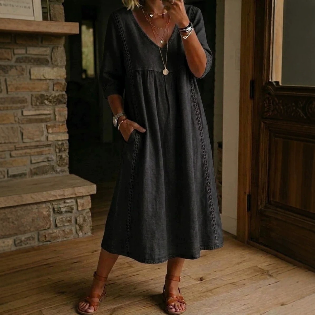 2026 Amazon New Summer European and American Style Cotton Linen V-neck Loose Fit Slimming Three-Quarter Sleeve Mid-Length Women's Dress - Image 3