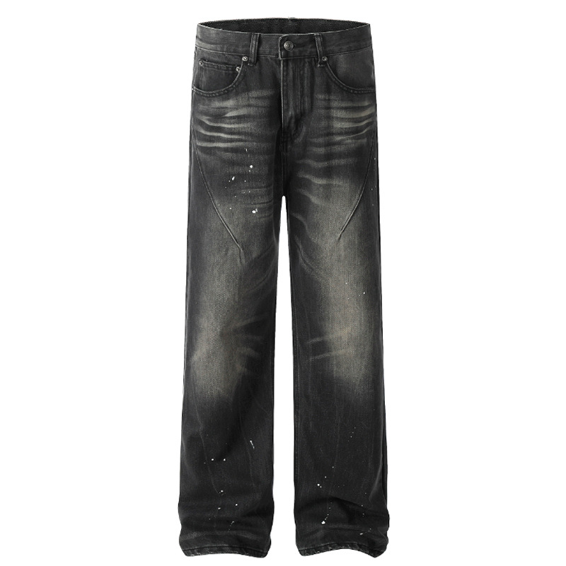 American style ink-splashed design, distressed retro straight jeans, street fashion, loose washed casual trousers for men - Image 5