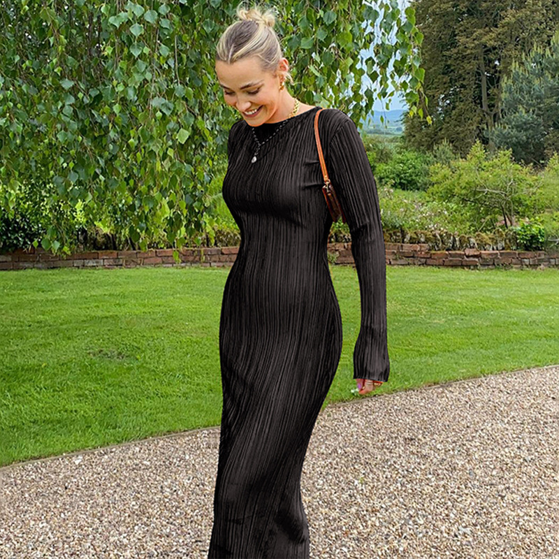 European and American style women's clothing 2022 autumn new fashion casual solid color round neck long-sleeved slim dress foreign trade wholesale - Image 9