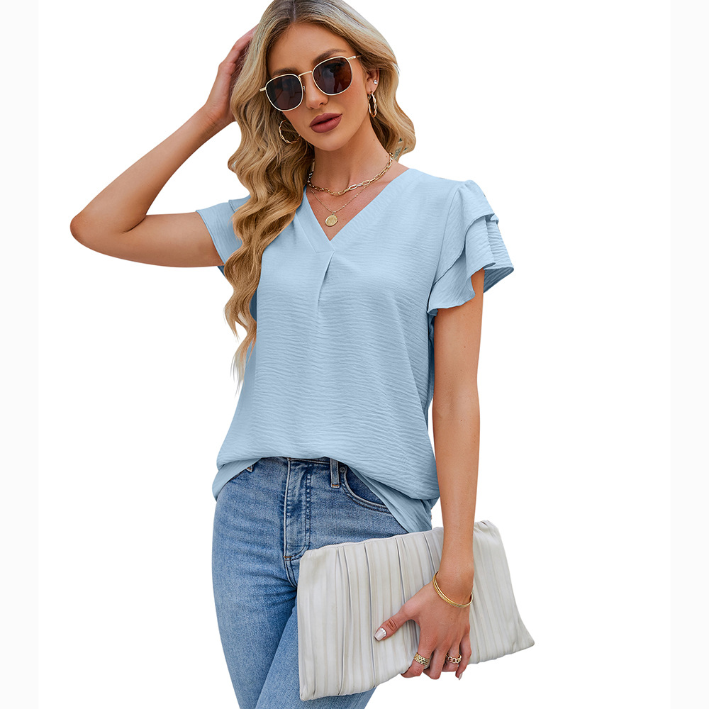 Cross-border European and American women's clothing, 2025 summer new style, Amazon women's V-neck chiffon ruffled blouse short-sleeved top. - Image 6