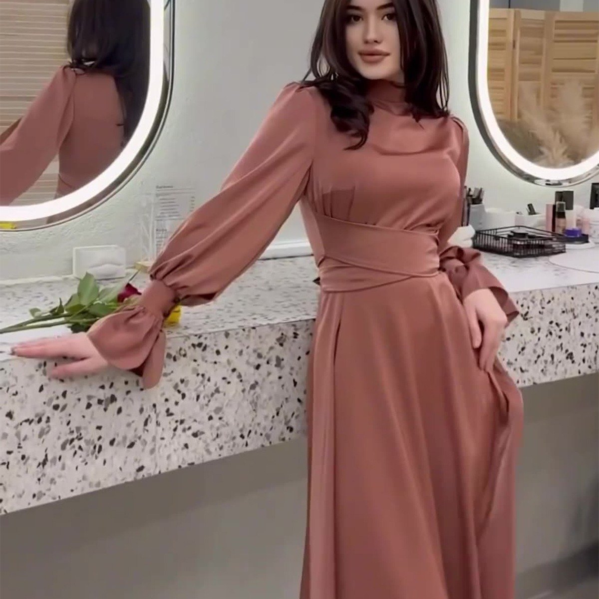 European and American Amazon cross-border foreign trade 2023 autumn satin long-sleeved elegant women's waist dress - Image 6