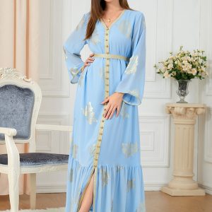 3203 Dress Autumn Women's Fashion 2022 New Arrivals Foreign Trade Women's Fashion Long-sleeved Foil Stamping Dress Wholesale