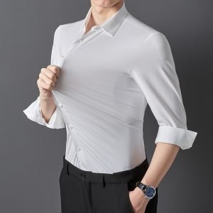 Cross-border four-sided high-elastic shirt men's long-sleeved non-iron anti-wrinkle men's shirt men's European size seamless silky shirt
