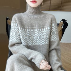 Women's High-Neck Jacquard Color-Block Sweater