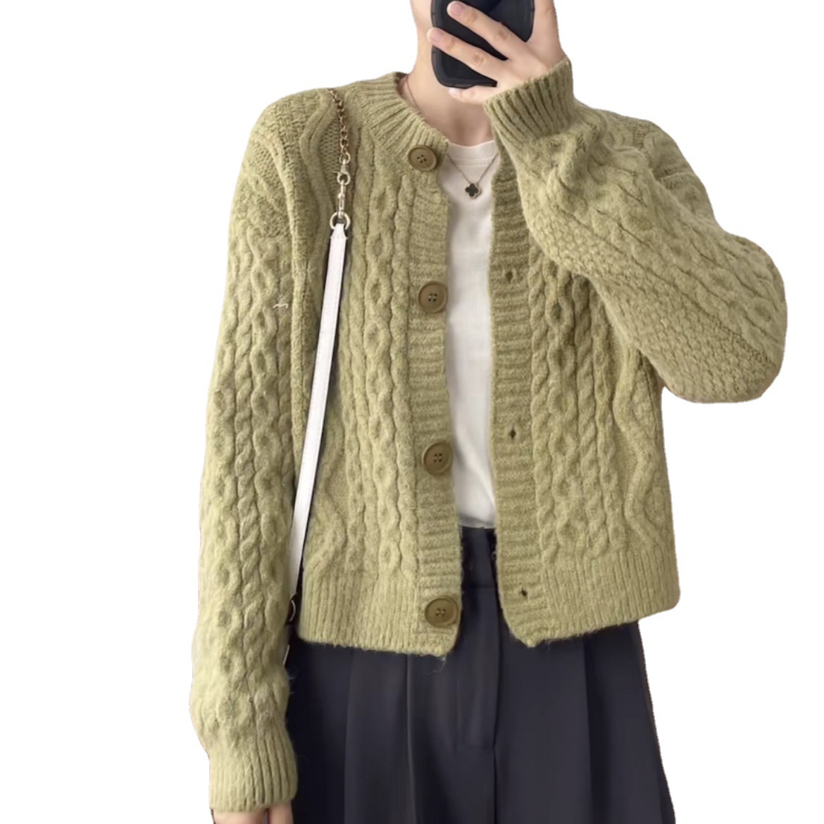 Retro cable knit crew neck sweater cardigan for women, new autumn and winter style, loose and casual, versatile and thick knitted top - Image 5