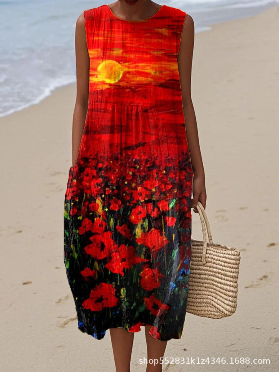 2025 European and American spring and summer new sleeveless casual printed temperament long dress slim small fresh casual dress - Image 36