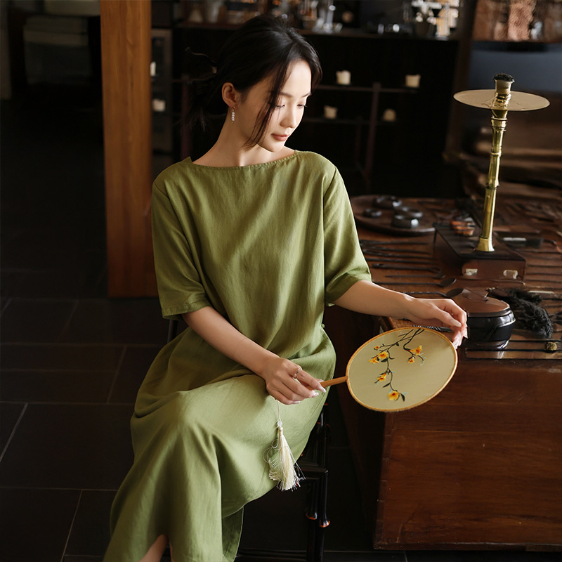 Linen A-Line Dress with Short Sleeves - Image 4