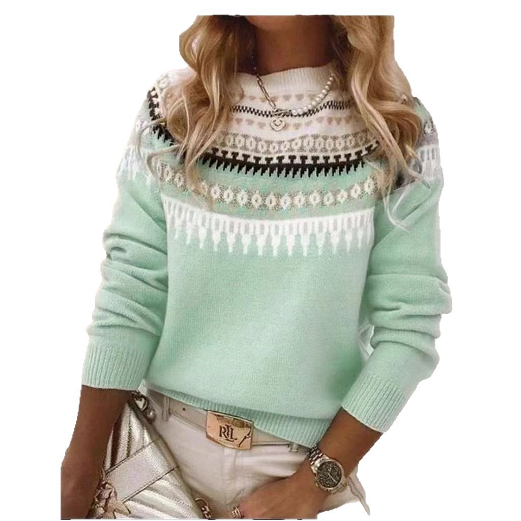 Wish Hot Selling Amazon New European and American Style Sweater Women's Round Neck Color Block Loose Fashion Pullover Knit Sweater - Image 17