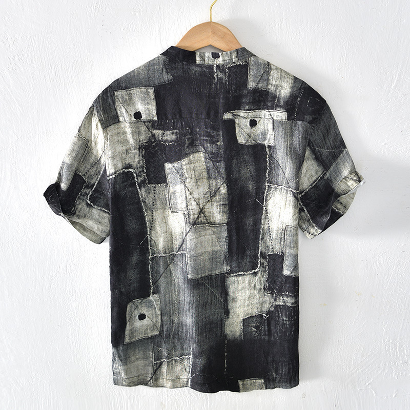 Chinese style linen short-sleeved shirt men's summer five-quarter sleeve top T-shirt stand collar loose pullover half-sleeved shirt - Image 3