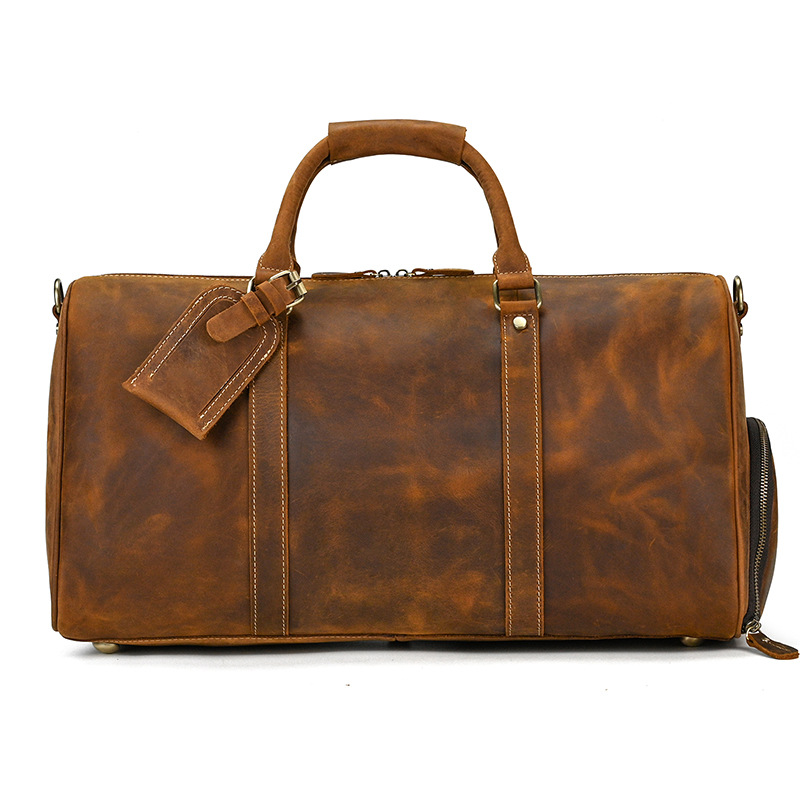 Retro Crazy Horse Leather Travel Bag for Men, Genuine Leather Luggage Bag, 20-inch Large Capacity Handbag with Shoe Compartment, Gym Bag - Image 11