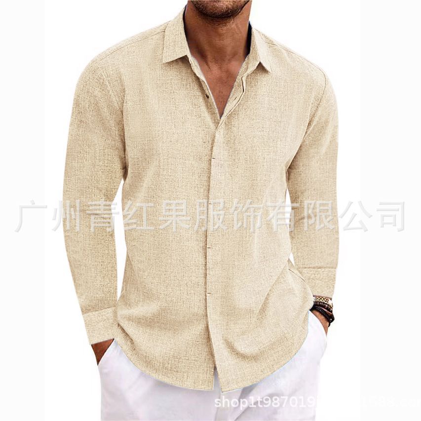 Men's linen long-sleeved T-shirt loose sweatshirt solid color long-sleeved cotton and linen shirt men's large size men's shirt - Image 2
