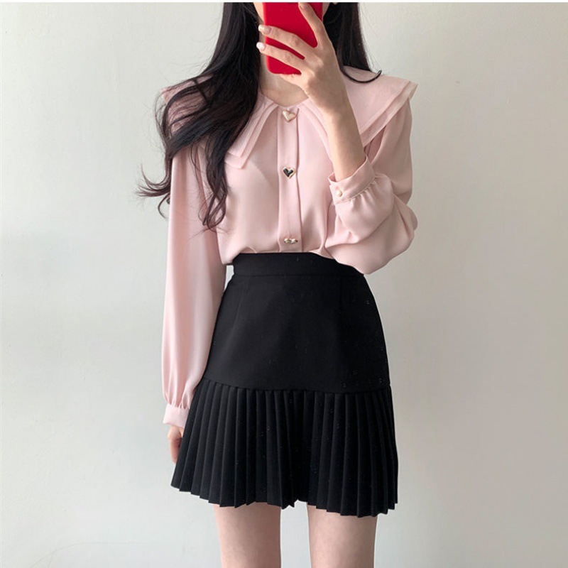 Chiffon shirt suit female spring and autumn temperament two-piece design double-layer doll collar top half-length pleated skirt - Image 4