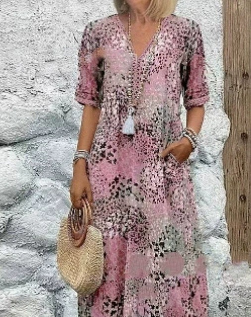 Amazon 2025 European and American new printed summer V-neck casual vacation pocket dress home clothes foreign trade women - Image 3