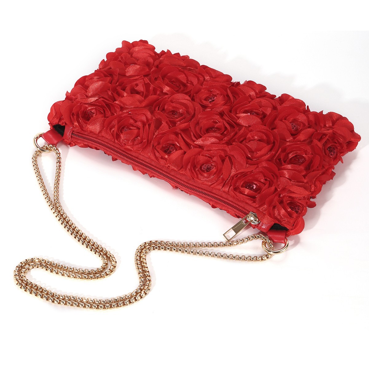 Spot European and American cross-border niche three-dimensional rose flower sequin satin chain zipper underarm crescent female evening bag - Image 4