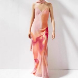 Cross-border 2025 Summer New Women's Clothing European and American Style Fashion Tie-Dye Print Camisole Scarf Accessories Long Dress