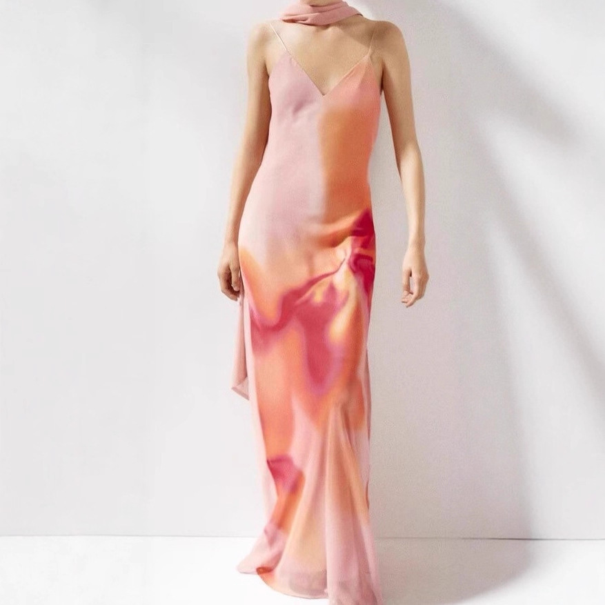 Cross-border 2025 Summer New Women's Clothing European and American Style Fashion Tie-Dye Print Camisole Scarf Accessories Long Dress