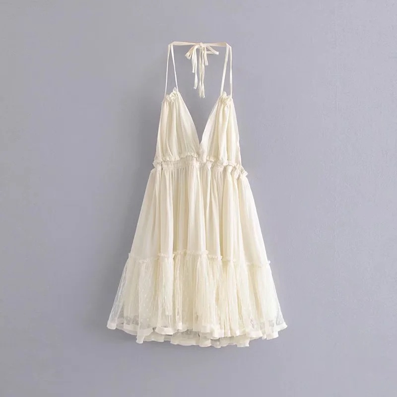 Foreign Trade 2022 Summer New European and American V-neck Waist Slim Hem Mesh Stitching Backless Suspender Dress Women - Image 13