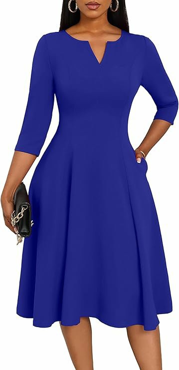 Amazon Midi Dress, Fitted Flare Dress, Three-Quarter Sleeve Wedding Guest Dress - Image 6