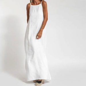 2024 New European and American Style Cross-border Wish eBay Independent Website Fashionable Casual Cotton Linen Slit Suspender Dress