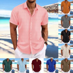 Men's Striped Cotton-Linen Short-Sleeve Shirt