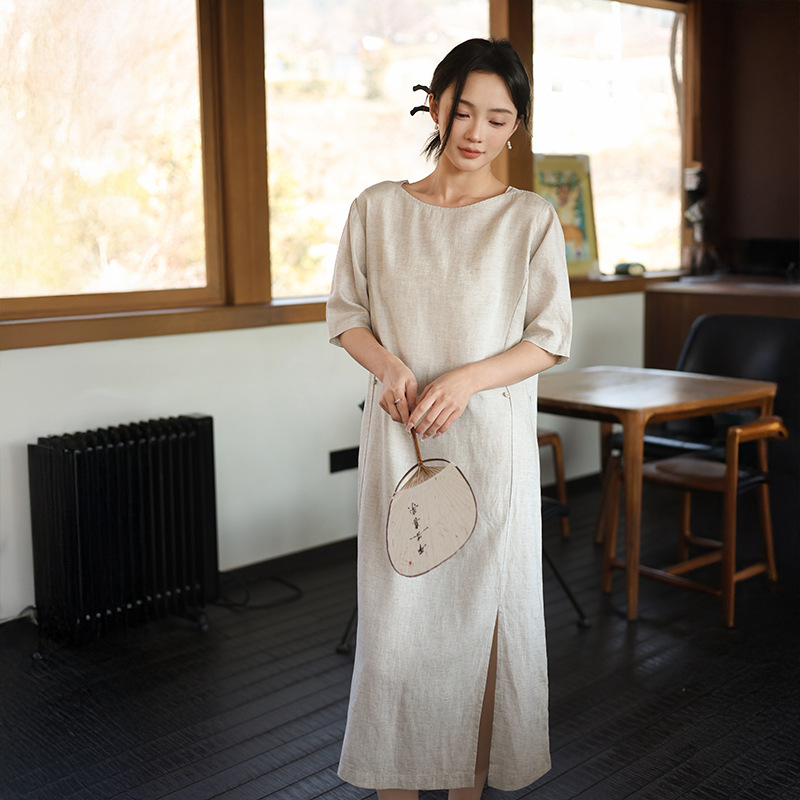 Linen A-Line Dress with Short Sleeves - Image 3