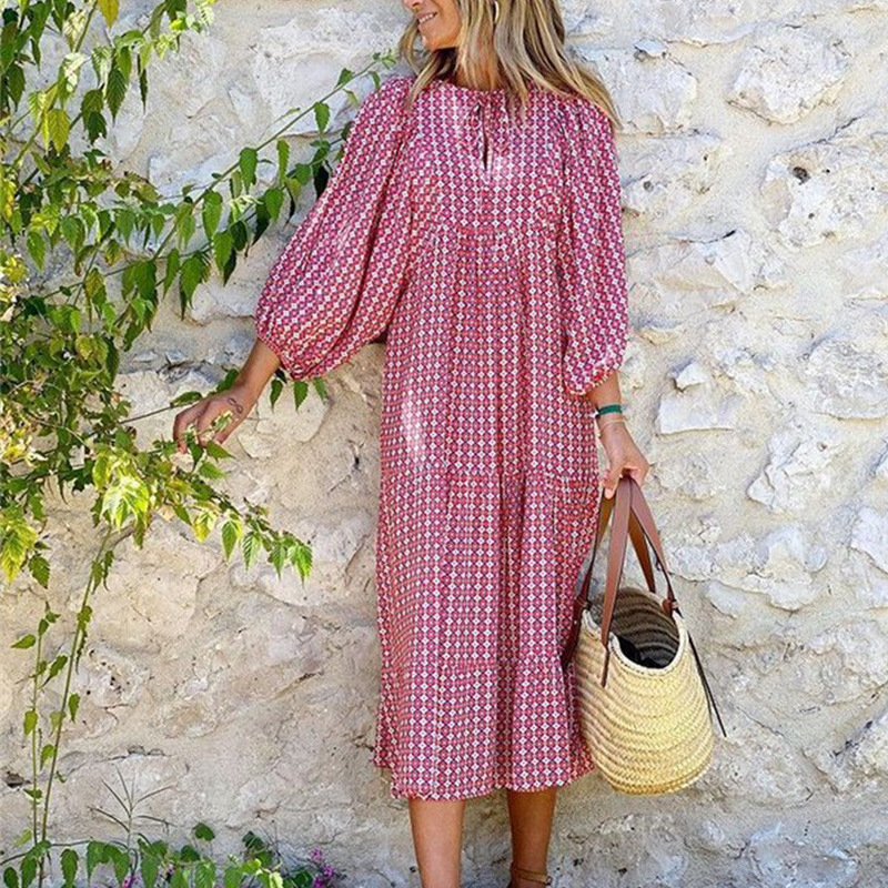 Cross-border European and American plus-size ladies loose-fitting Bohemian round-neck lantern-sleeve sweet girl dress - Image 15