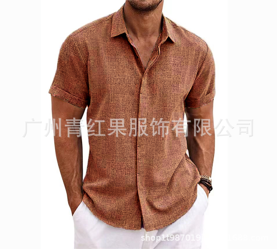 Men's linen short-sleeved T-shirt loose sweatshirt solid color short-sleeved cotton and linen shirt men's beach large size men's short-sleeved shirt - Image 17
