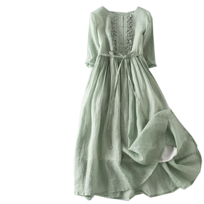 2023 Artistic Retro Ramie Round Neck Double-layer Fairy Lace-up Waist Medium-length Travel Dress Spring and Summer Women's Thin - Image 6