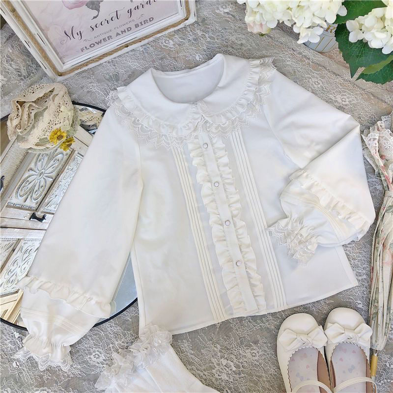 Velvet thickened long-sleeved doll collar lace puff sleeve Lolita inner Lolita shirt for women in autumn and winter - Image 4