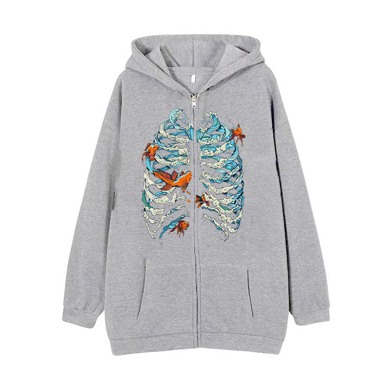 New arrival Skull Wings Hooded Zipper Sweatshirt Women Korean Style Plus Velvet Thickened Loose Sports Cardigan Sweatshirt Women - Image 16