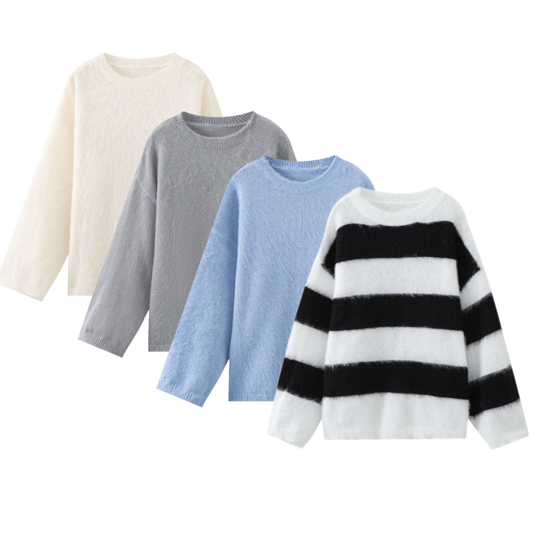 Cross-border Amazon European and American clothing 2023 autumn and winter new loose casual striped long sleeves contrasting round neck M6282 - Image 6