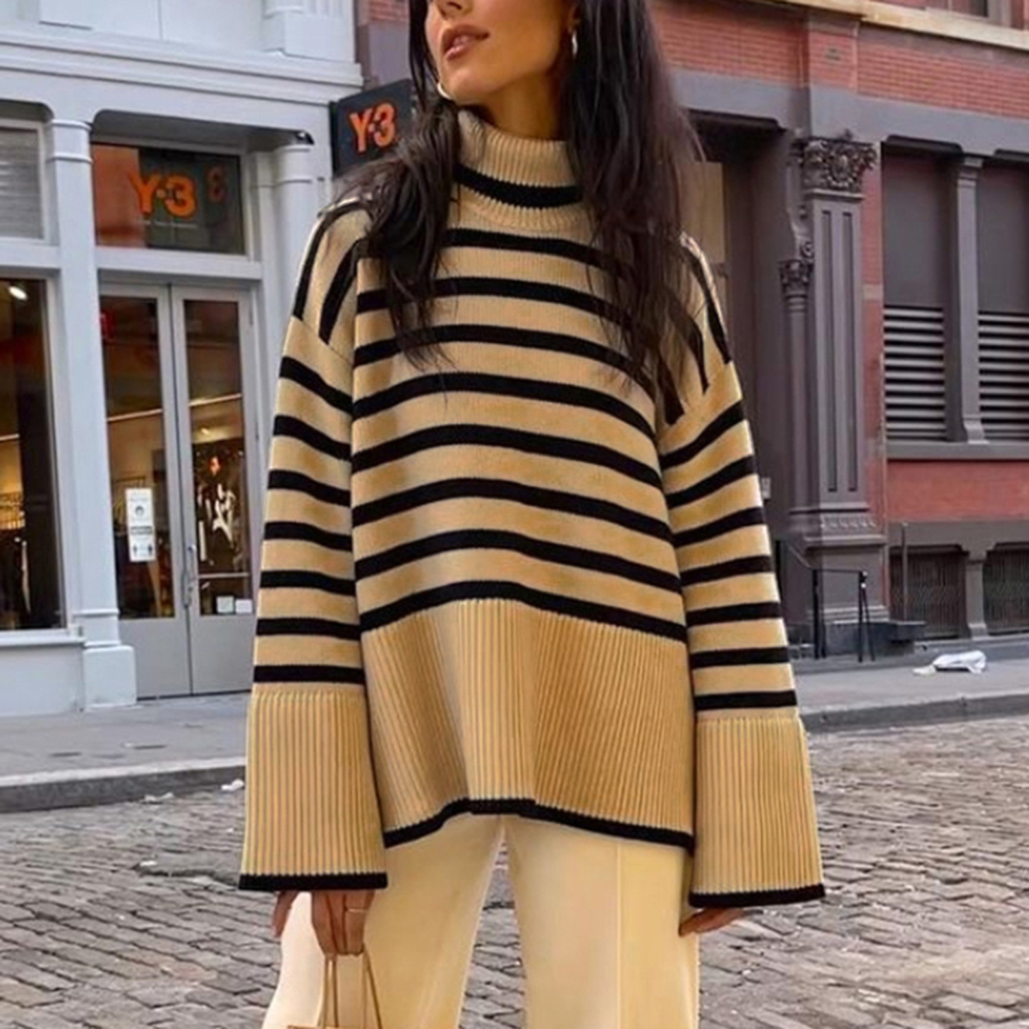 2021 cross-border autumn and winter new AliExpress Amazon popular women's high-neck knitted striped slit sweater top - Image 6