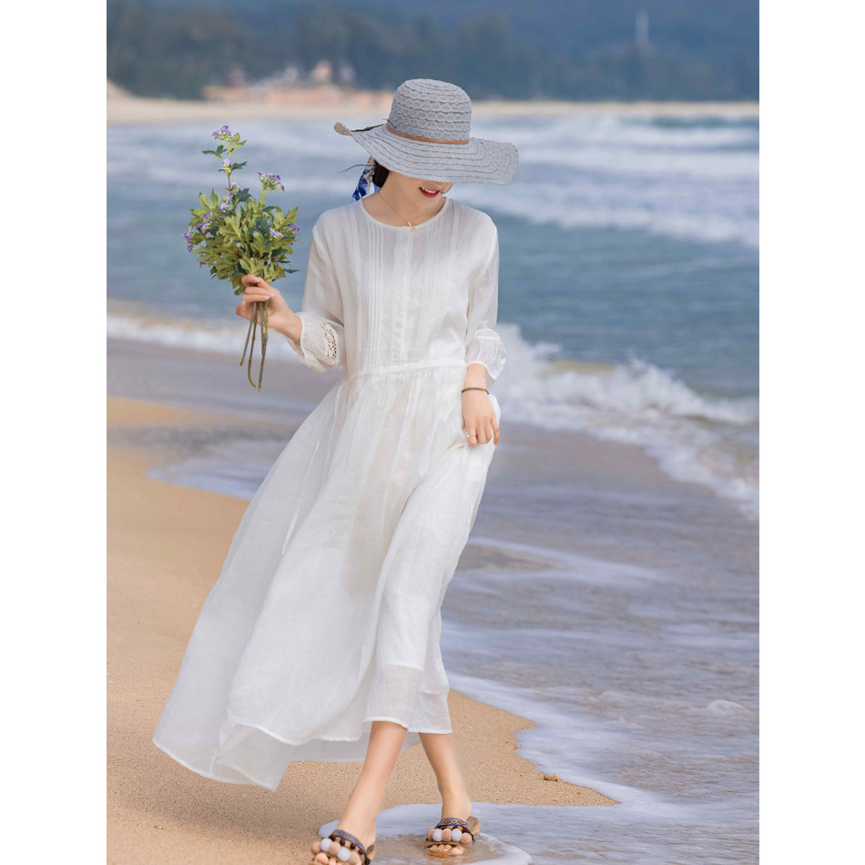 2024 Spring/Summer New Arrival: White Flowy Linen Lace-Trimmed Lantern Sleeve Tie-Waist Slimming Dress - Image 3