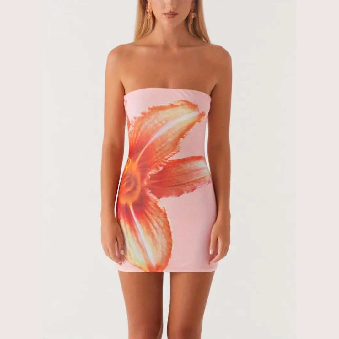 2025 European and American cross-border best-selling summer sexy women's strapless floral print slim-fit bodycon short dress