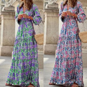Women's V-Neck Bohemian-Print Maxi Dress