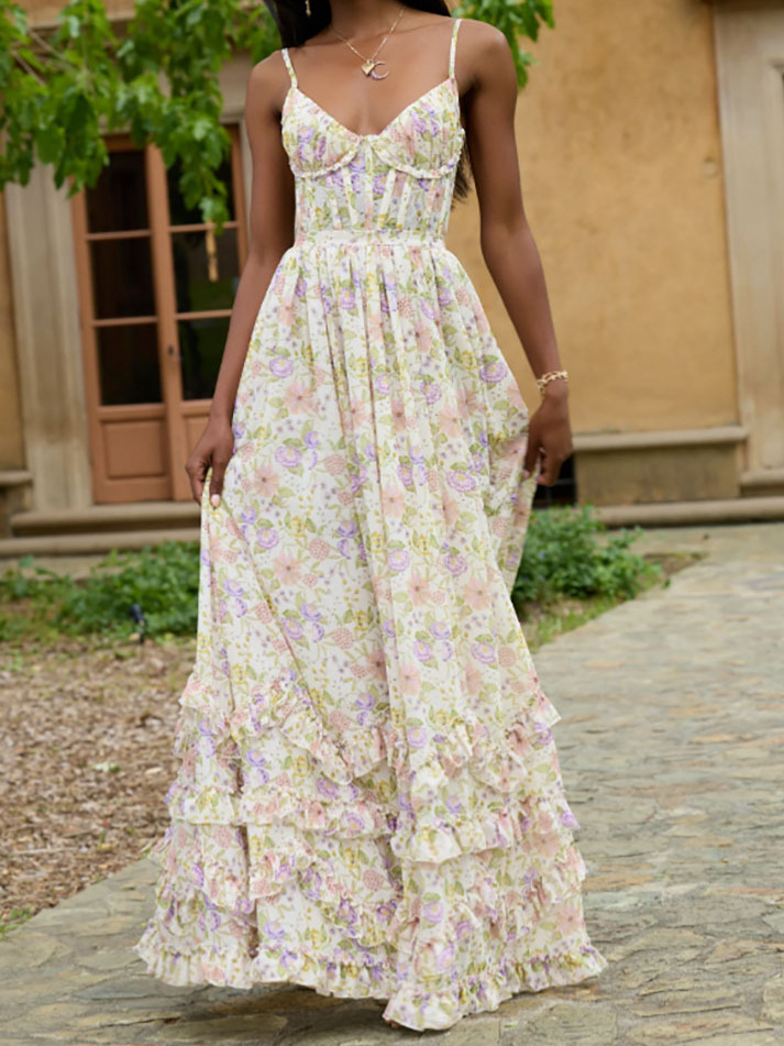 Cross-border European and American fashion summer new blue French style suspender dress, resort style floral waist-cinching long dress SY385 - Image 8
