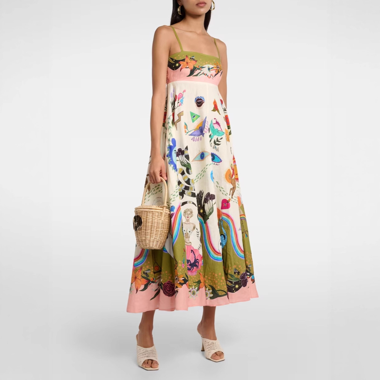 Cross-border European and American 2026 Summer Independent Store Elegant Printed Sleeveless High-Waisted Full Swing Suspender Dress - Image 3