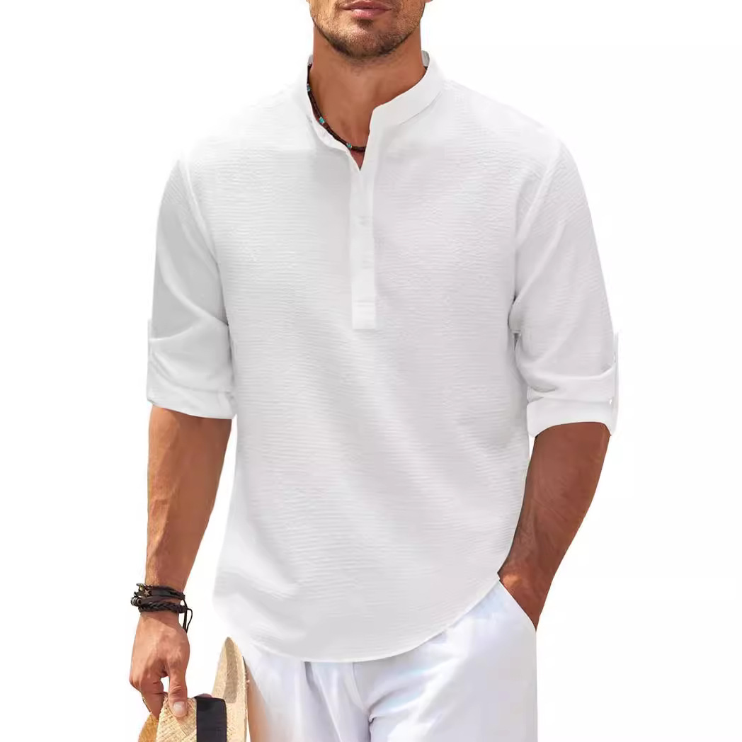 European and American style men's long-sleeved shirts, stand-up collar, half-button shirts, pineapple plaid shirts, men's casual shirts, wholesale. - Image 4