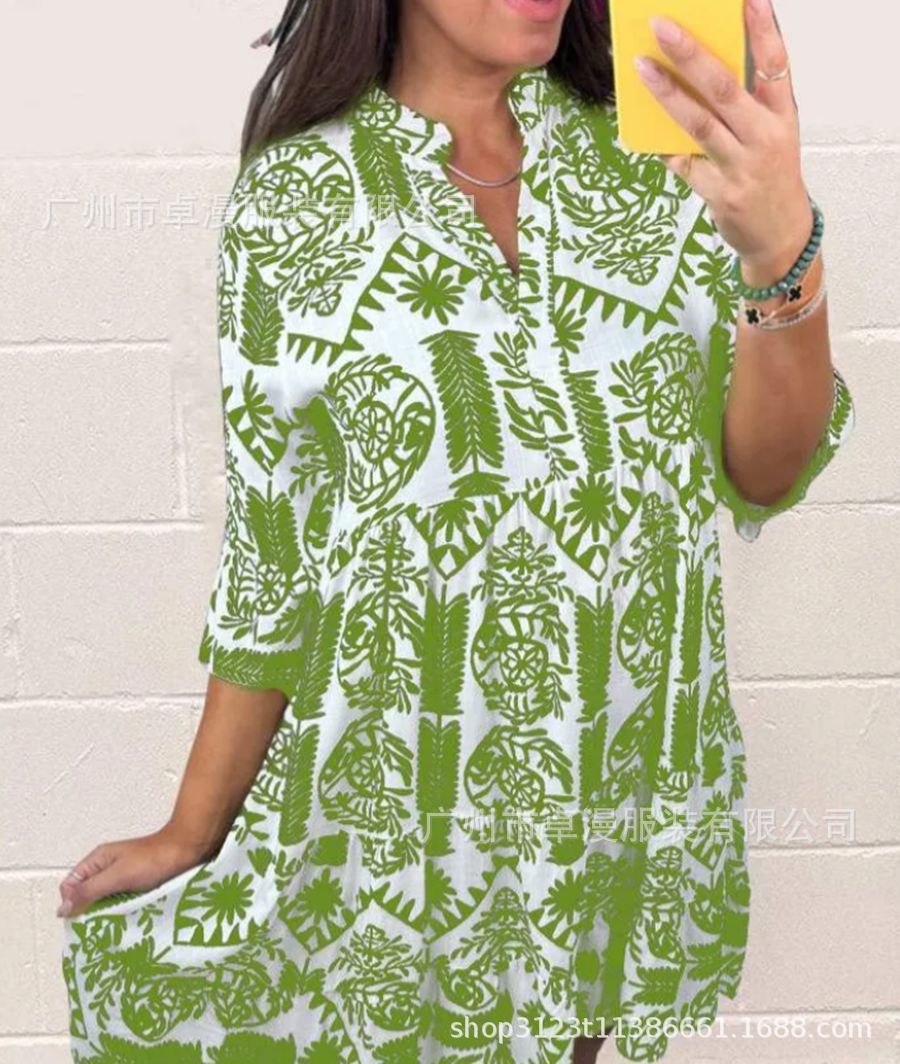 2024 Summer Amazon Independent Station New Women's Shirt Seaside Vacation Digital Positioning Printing Mid-Sleeve Dress - Image 8