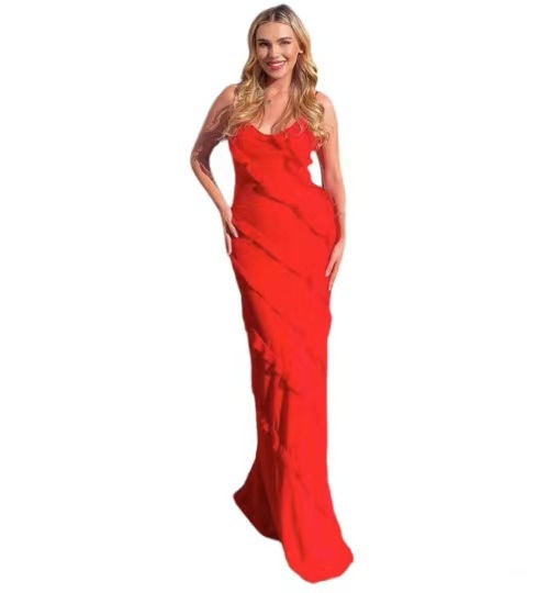 European and American foreign trade women's spring and summer sexy backless sling U-neck off-shoulder wave slim side slit dress long - Image 6