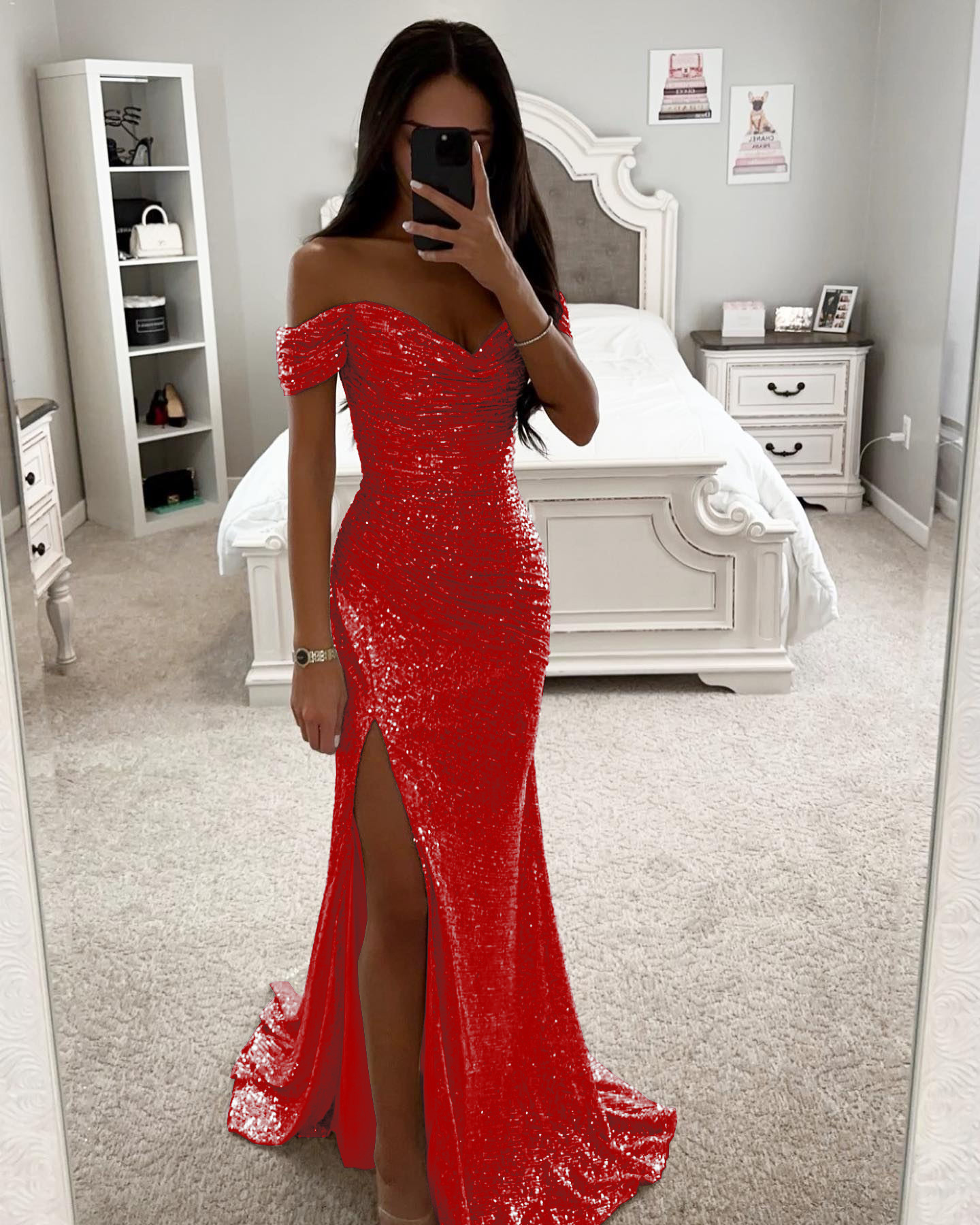 Cross-border 2025 European and American new style party sequined off-shoulder slit dress, INS casual fashion dress for women. - Image 8