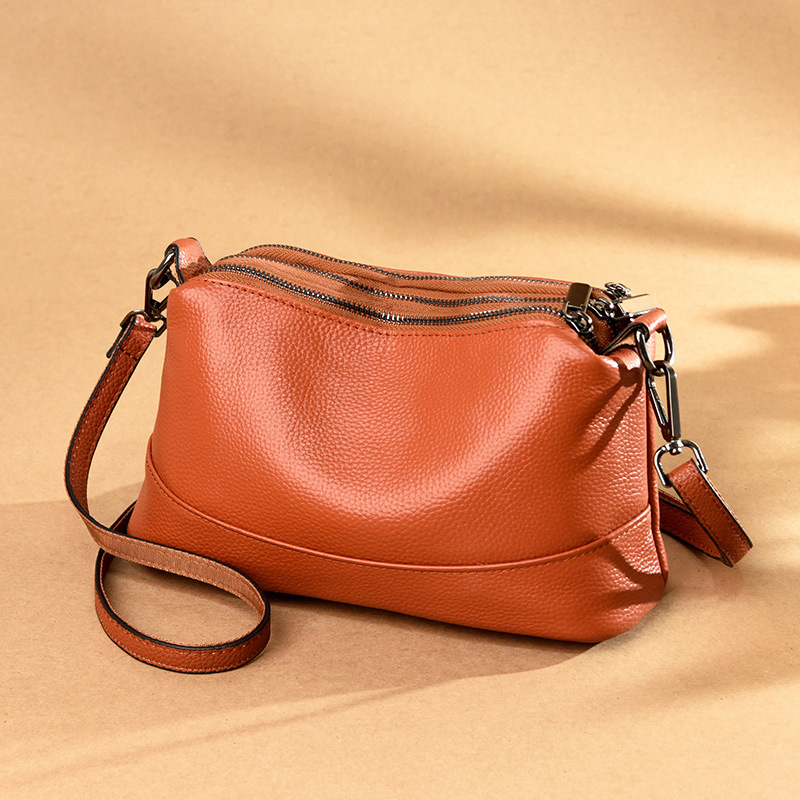 Messenger bag soft leather multi-layer zipper women's bag light luxury simple shoulder messenger bag first layer cowhide large capacity pillow bag - Image 2