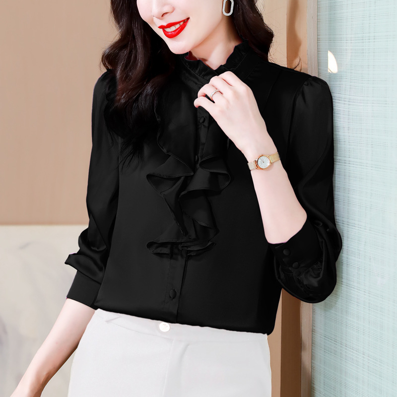 Green 1803 intellectual and generous temperament imitation silk shirt female long sleeve solid color lace collar palace style mulberry silk shirt - Image 10