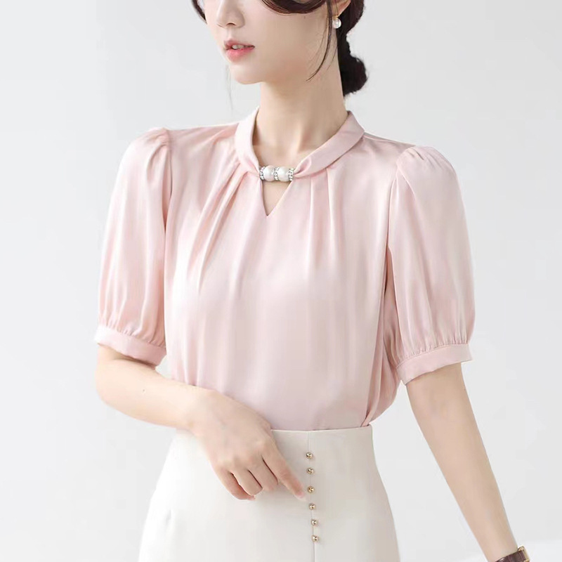 French niche halter neck stand collar beaded shirt female 2025 spring new style pullover satin temperament commuter professional top - Image 7