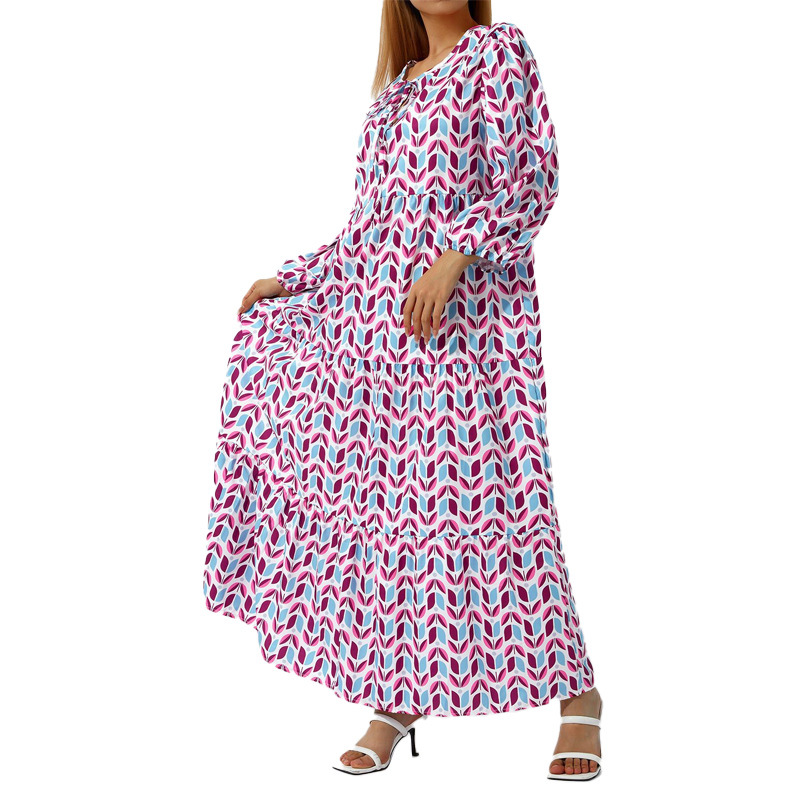 Cross-border European and American plus-size ladies loose-fitting Bohemian round-neck lantern-sleeve sweet girl dress - Image 5